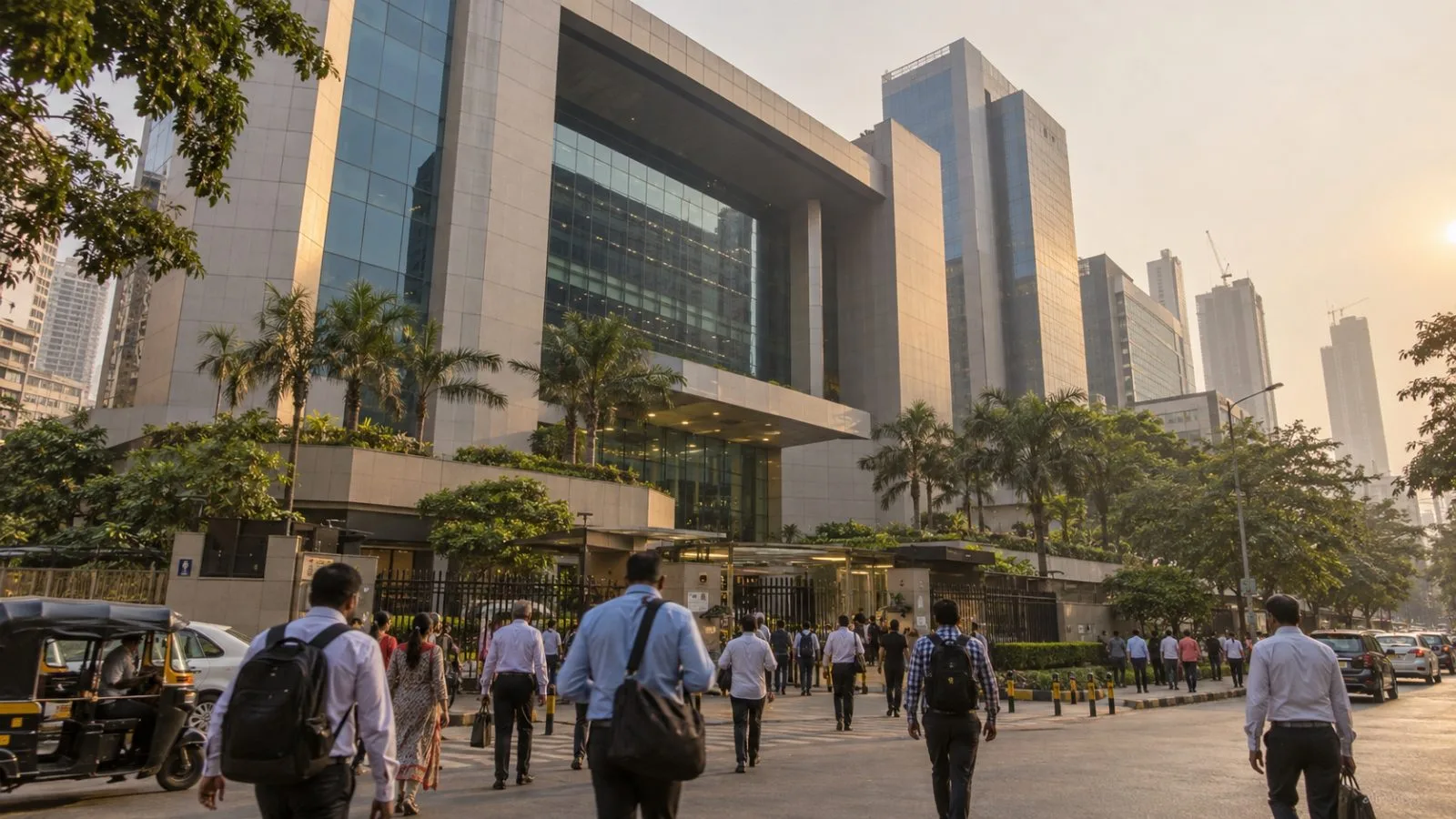 Pedestrians pass the National Stock Exchange building in Mumbai in late afternoon. (AI-generated image / EconoTimes)