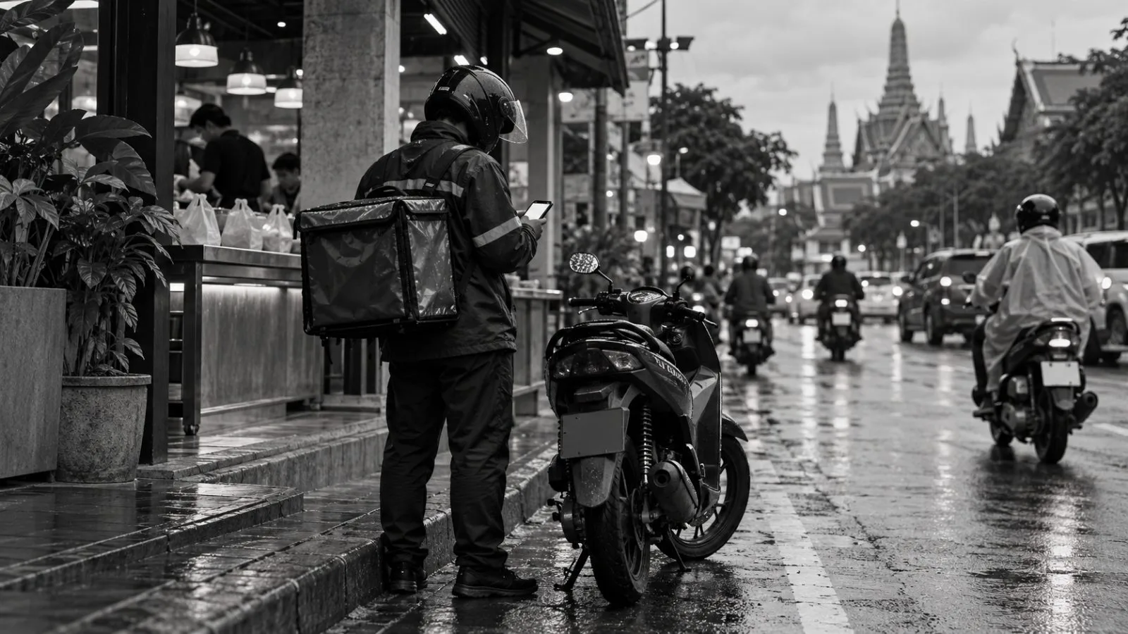 A delivery rider checks a phone beside a motorbike on a Bangkok street. (AI-generated image / EconoTimes)