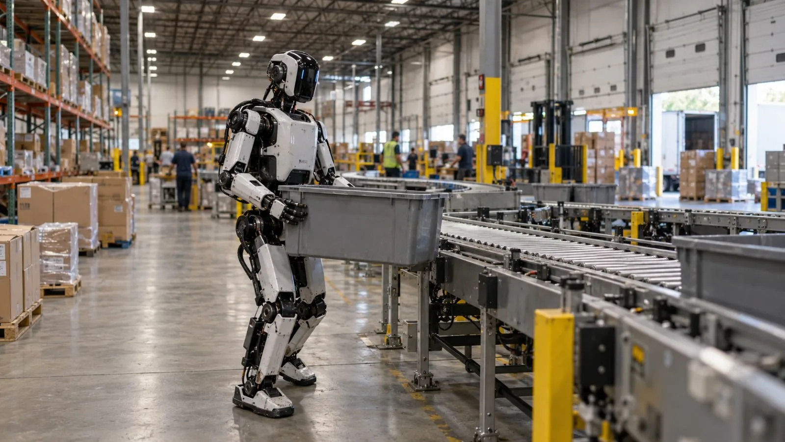 A humanoid robot moves a tote beside a conveyor at a warehouse in Flowery Branch, Georgia. (AI-generated image / EconoTimes)