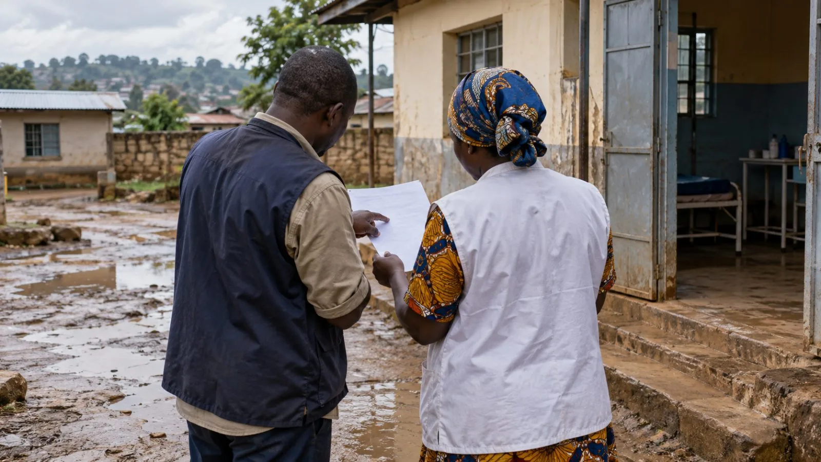 Health workers check a contact roster outside a clinic in Bunia, Democratic Republic of the Congo. (AI-generated image / EconoTimes)