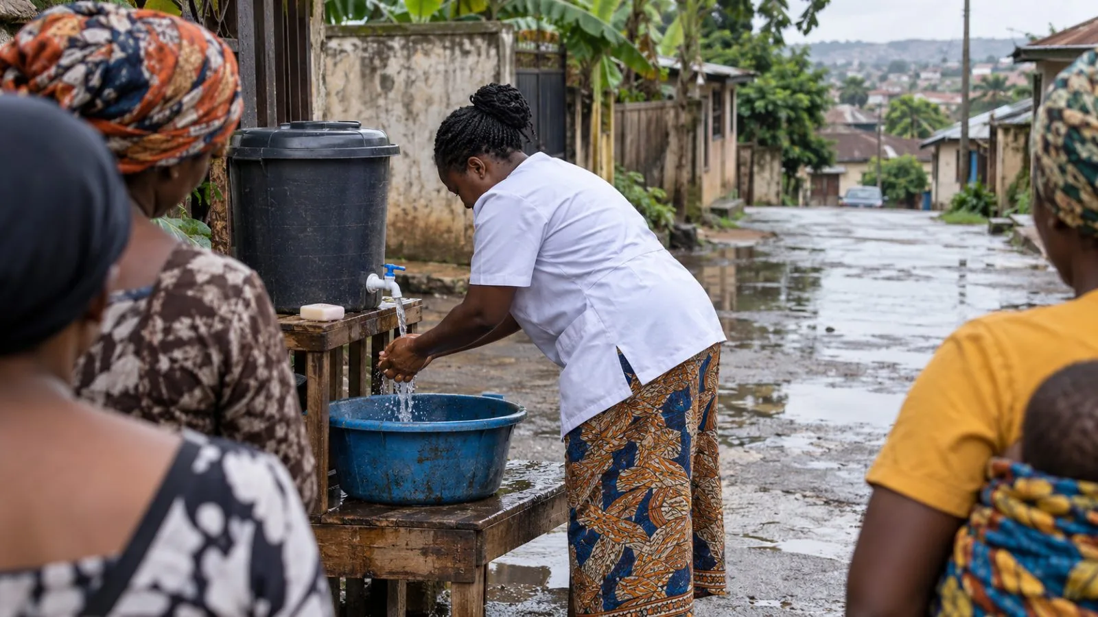 A health worker demonstrates handwashing during a community outreach in Onitsha, Nigeria. (AI-generated image / EconoTimes)