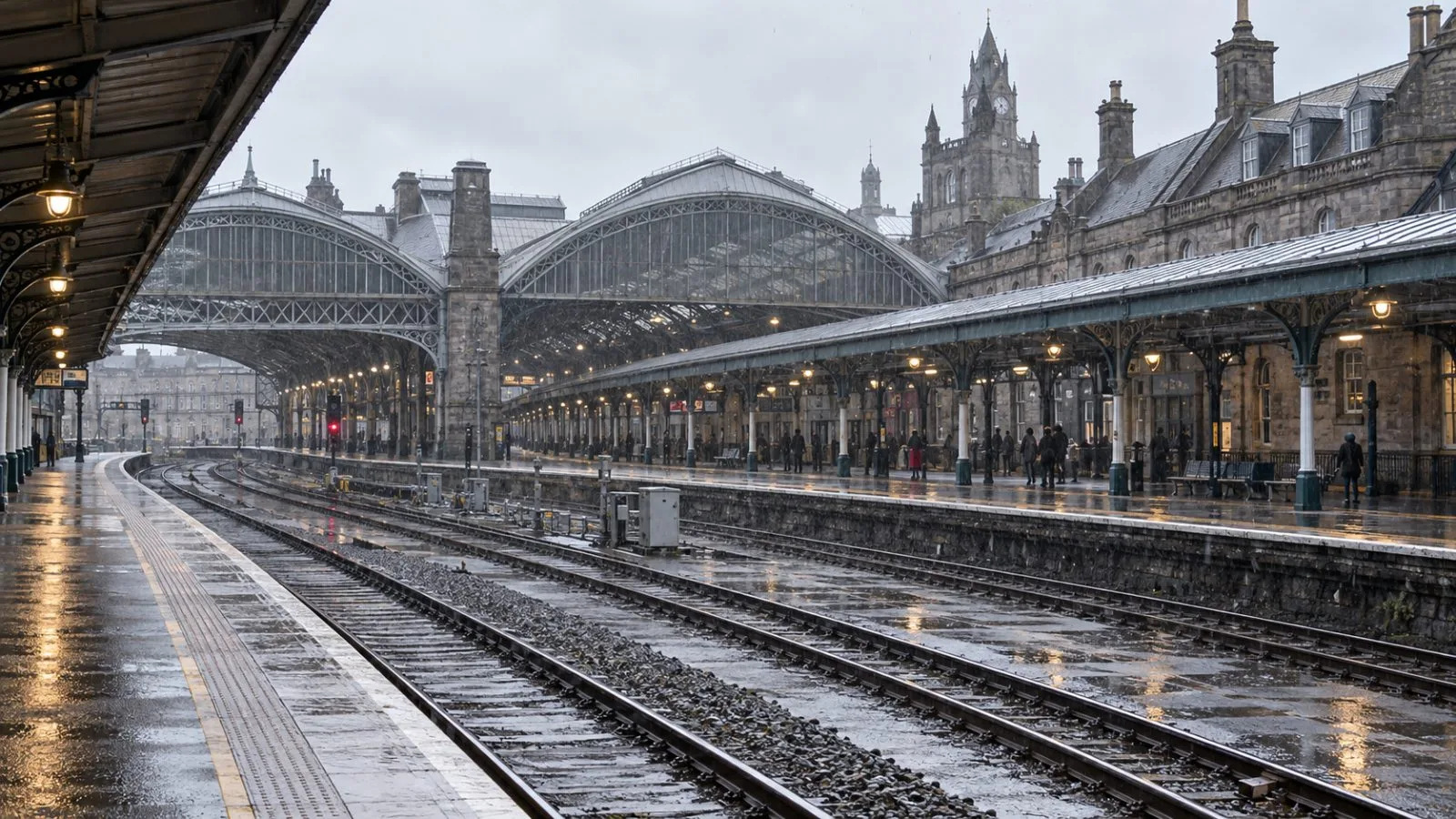 Passengers shelter beneath the platform canopy at Aberdeen railway station as rain sweeps across the tracks. (AI-generated image / EconoTimes)