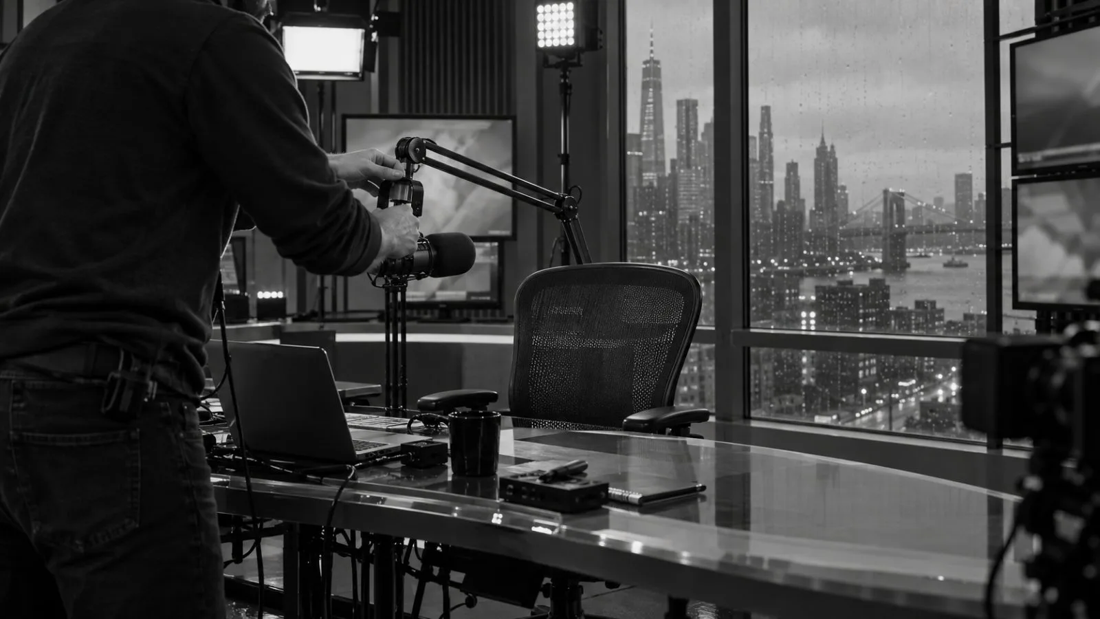 A technician prepares a broadcast microphone in a financial news studio in New York City. (AI-generated image / EconoTimes)