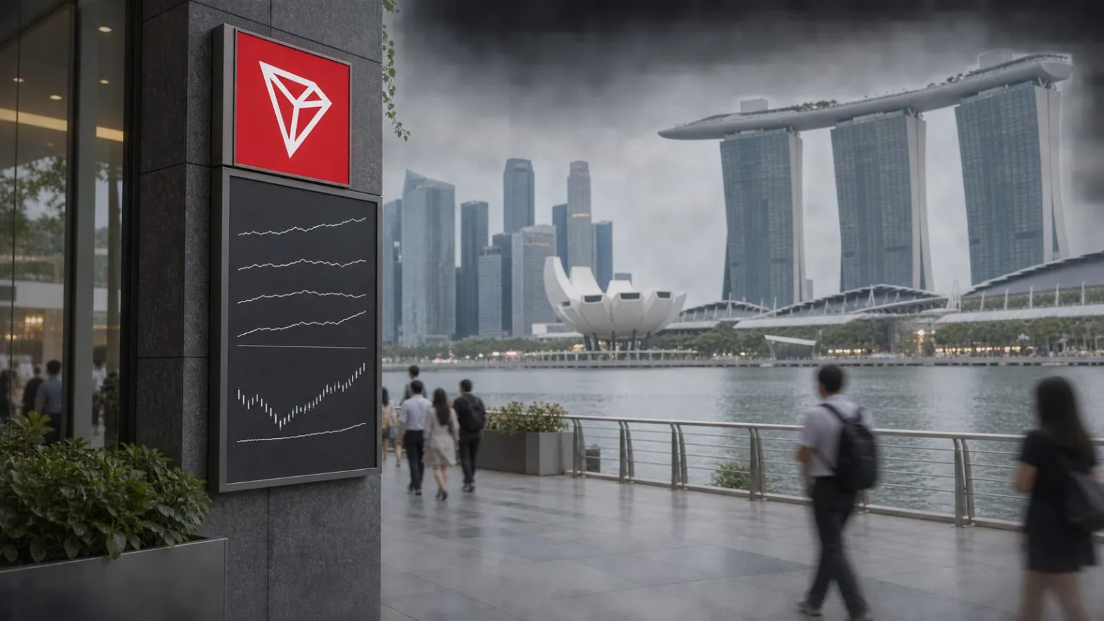A restrained market graphic shows TRON’s daily averages and nearby support over Singapore’s Marina Bay. / EconoTimes.ai