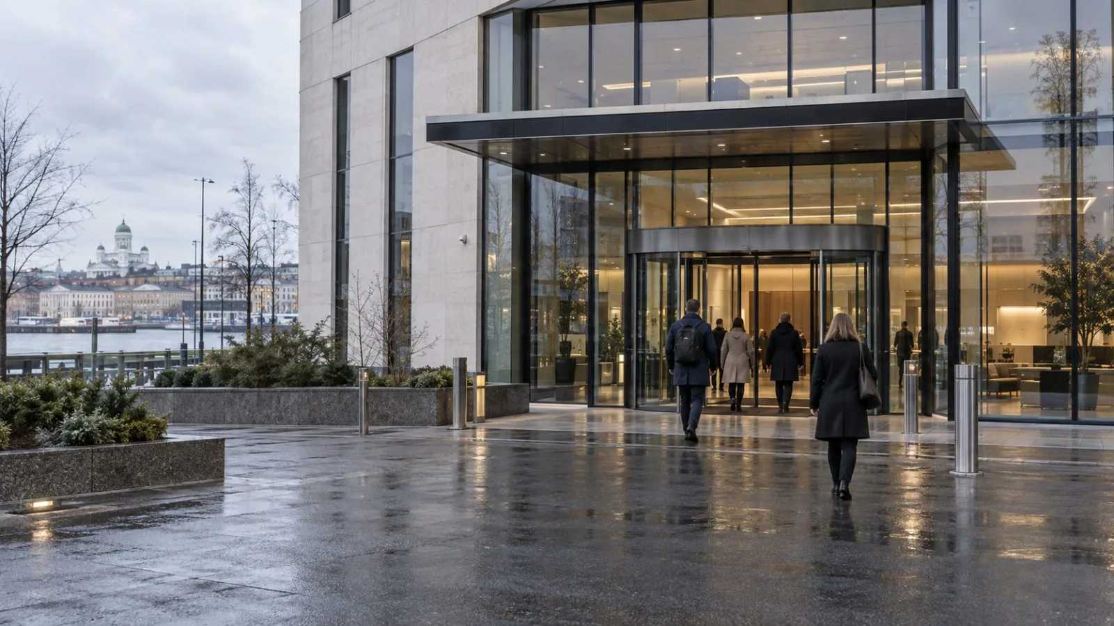 Employees enter UPM's headquarters in Helsinki, Finland, on an overcast morning. (AI-generated image / EconoTimes)