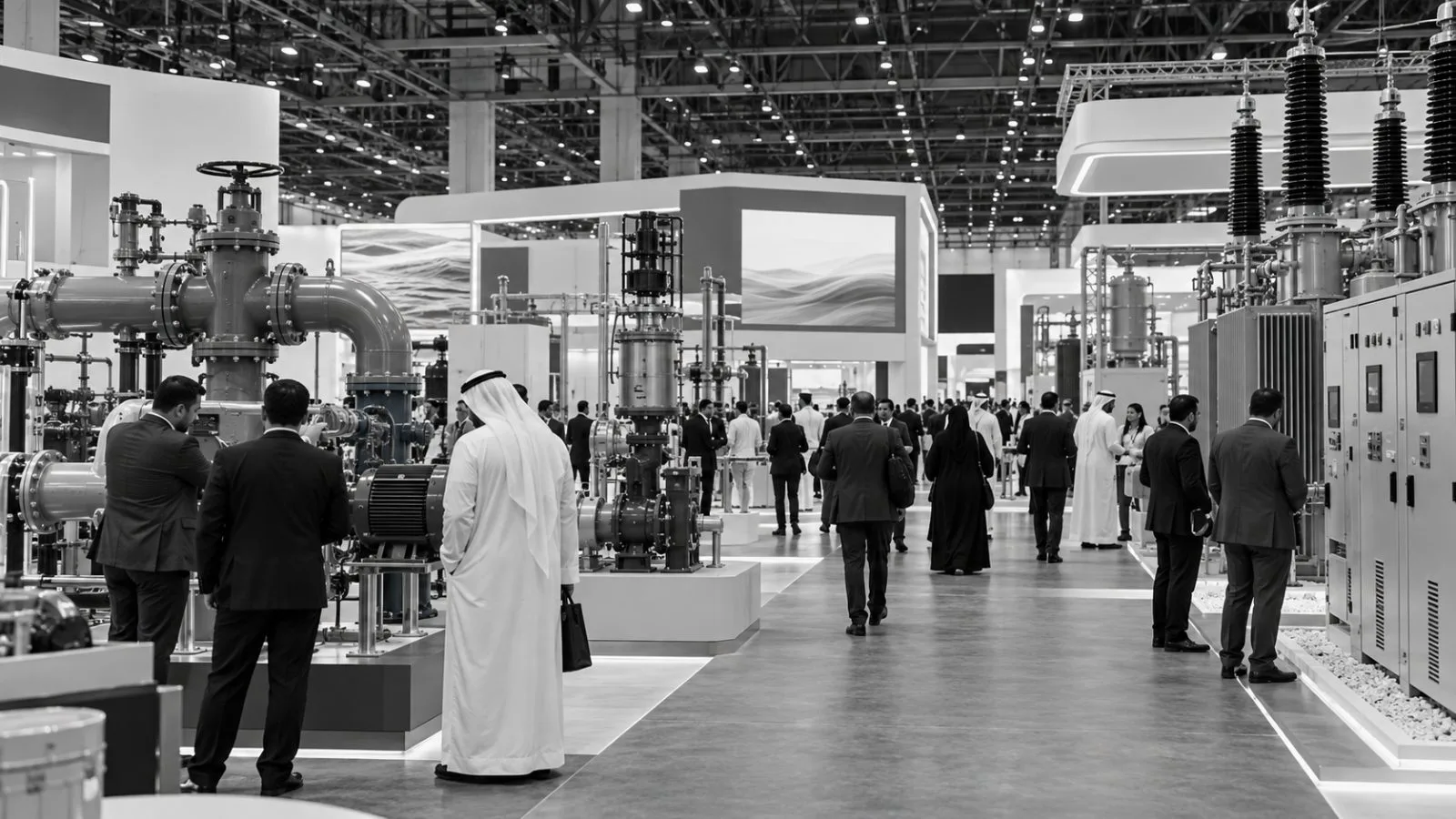 Visitors examine water and electricity technology displays during WETEX at Dubai World Trade Centre. (AI-generated image / EconoTimes)