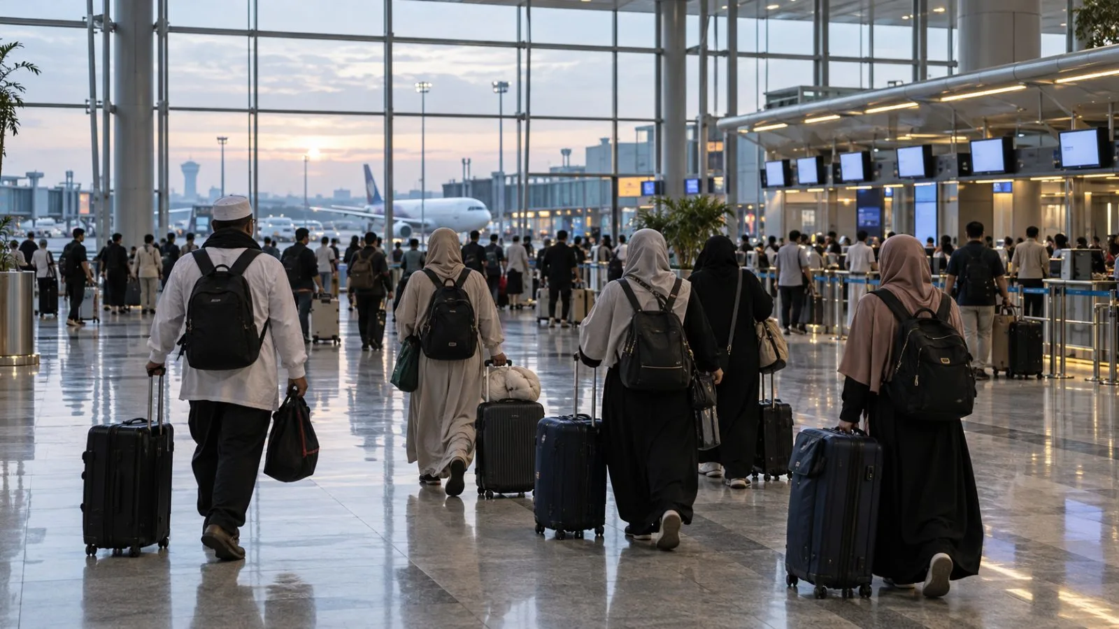Umrah pilgrims wait with luggage in the international departures hall at Jakarta's Soekarno-Hatta Airport. (AI-generated image / EconoTimes)