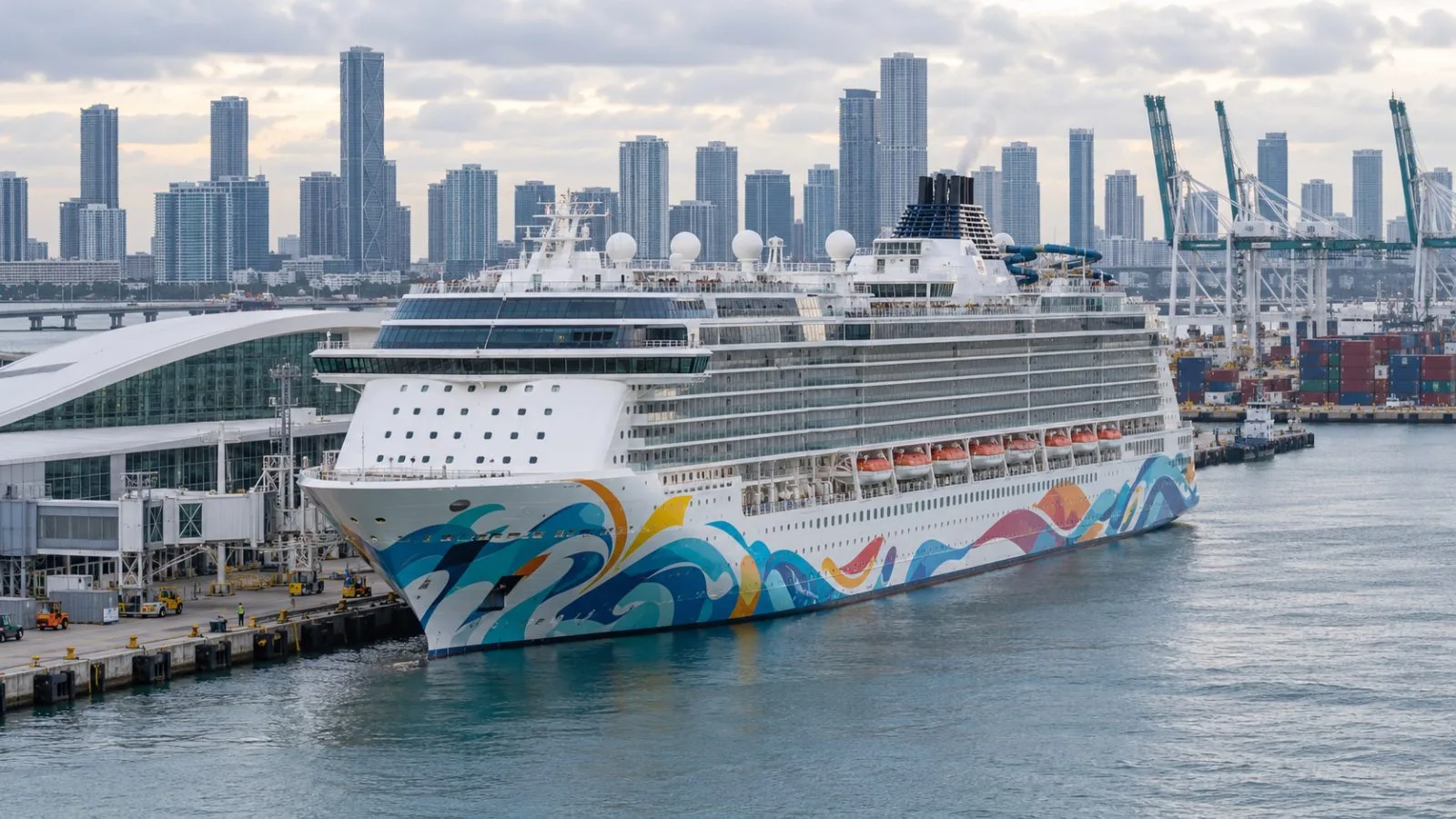 A cruise ship is berthed beside a passenger terminal at PortMiami in Miami, Florida. / EconoTimes.ai