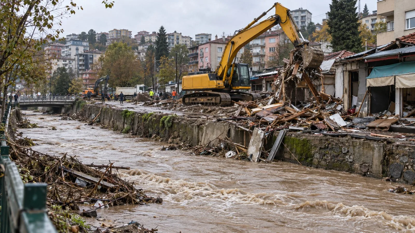 Demolition machinery clears shop structures beside Ayazağa Creek in Istanbul, Türkiye (AI-generated image / EconoTimes)