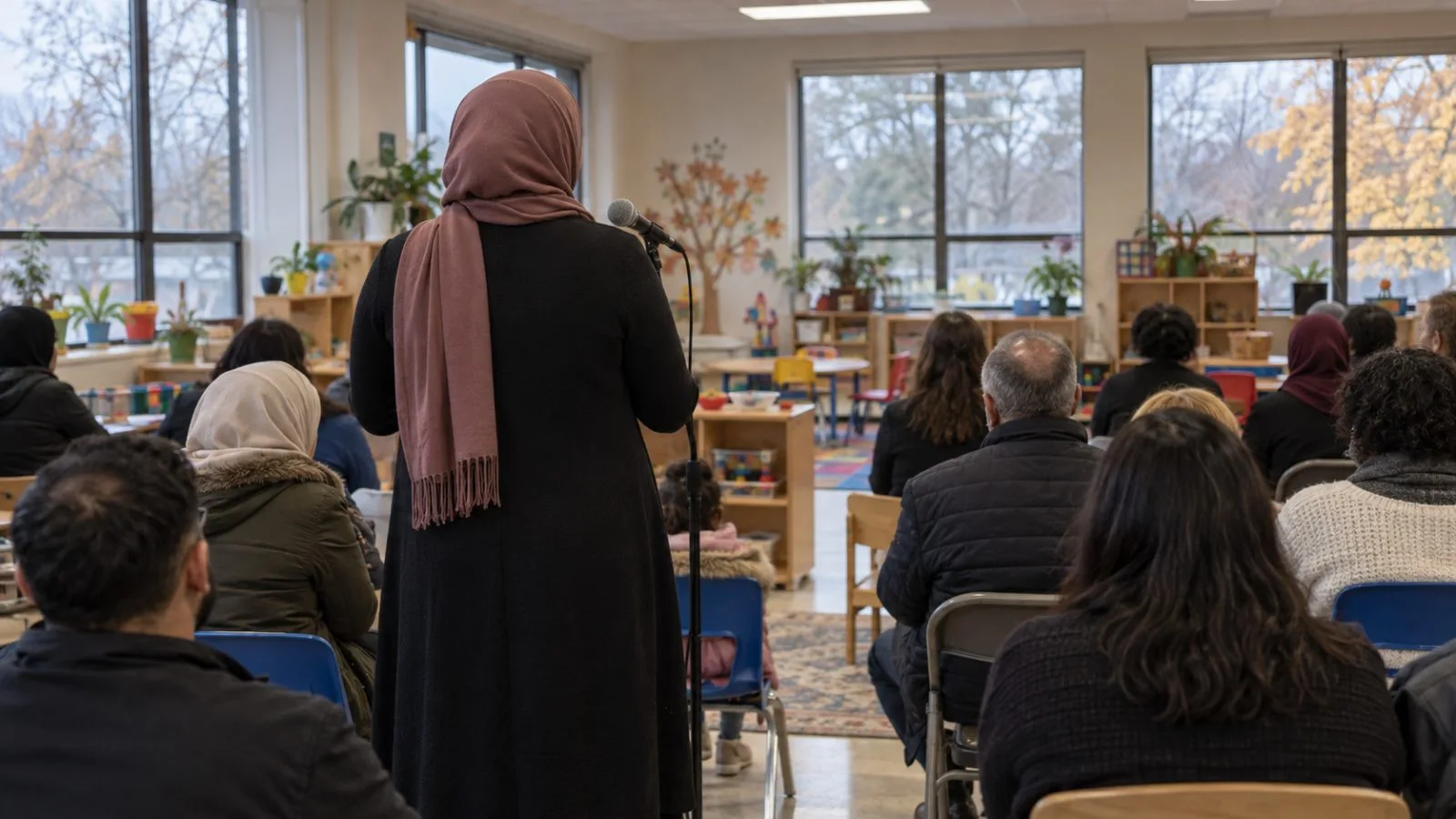 Microphones and seated attendees fill a preschool room during a press conference in Canton Township, Michigan. (AI-generated image / EconoTimes)