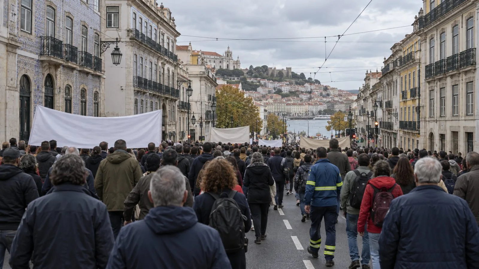 Demonstrators gather for a cost-of-living rally on a central street in Lisbon, Portugal. (AI-generated image / EconoTimes)