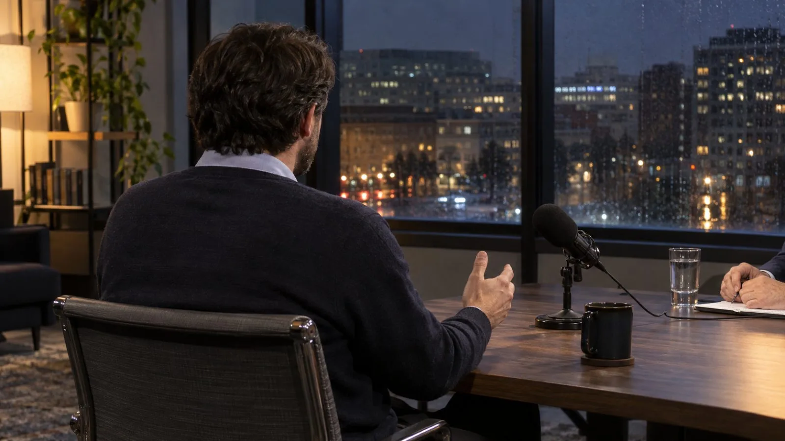 An empty television interview set sits under studio lights in Washington, D.C. (AI-generated image / EconoTimes)