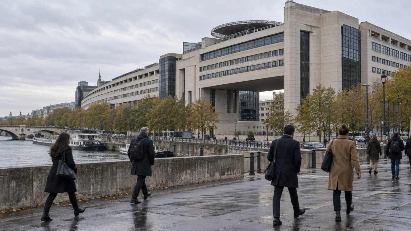 Pedestrians pass the French finance ministry’s Bercy complex in Paris on an overcast morning. (AI-generated image / EconoTimes)
