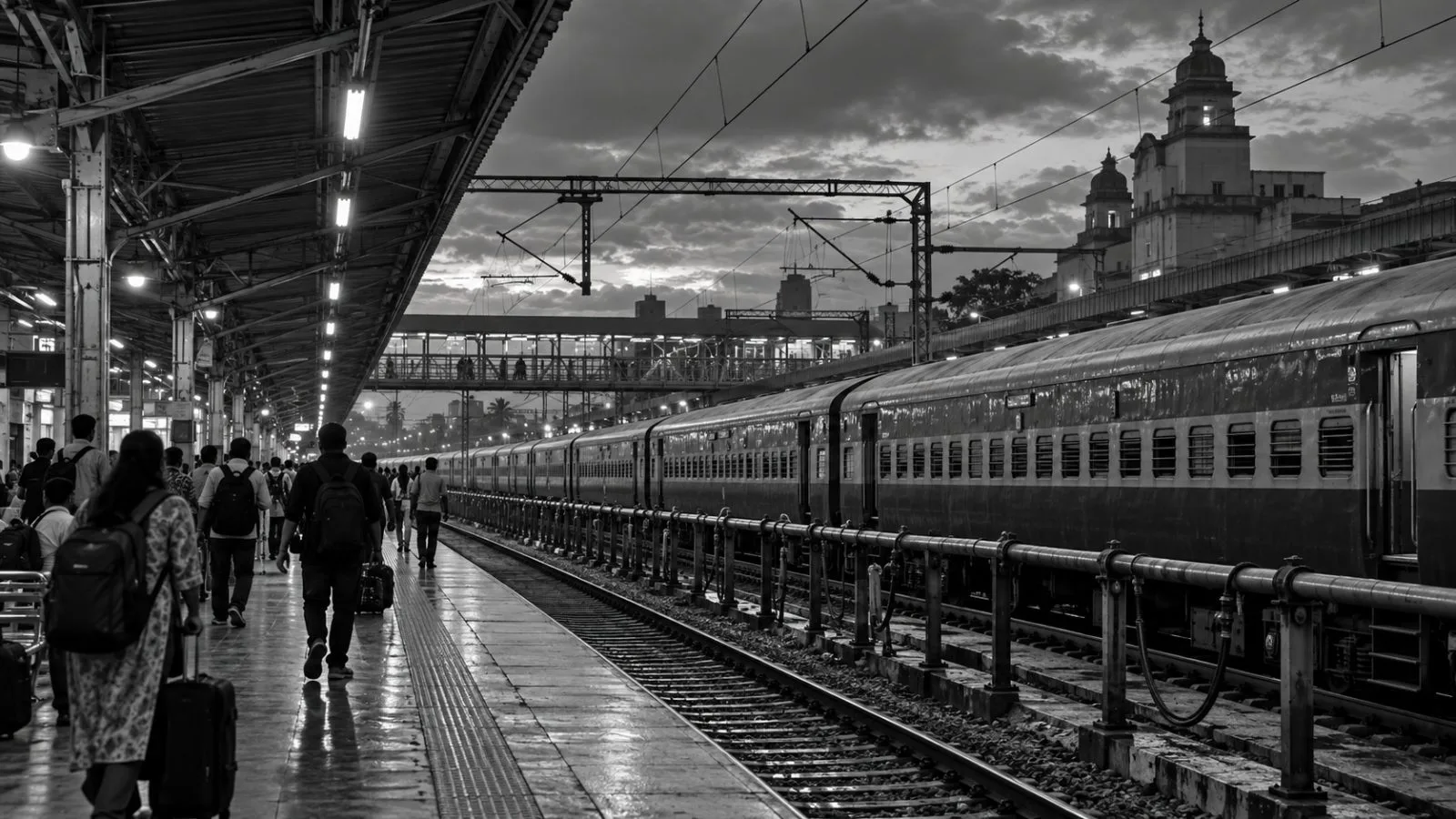 Passengers wait beside a train at KSR Bengaluru railway station in India. (AI-generated image / EconoTimes)
