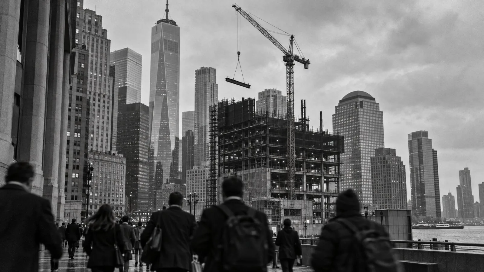 A construction crane rises among office towers in New York City's Financial District. (AI-generated image / EconoTimes)