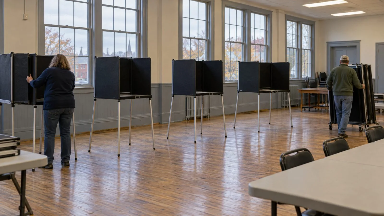 Voting booths stand ready inside a municipal polling place in Portland, Maine. (AI-generated image / EconoTimes)