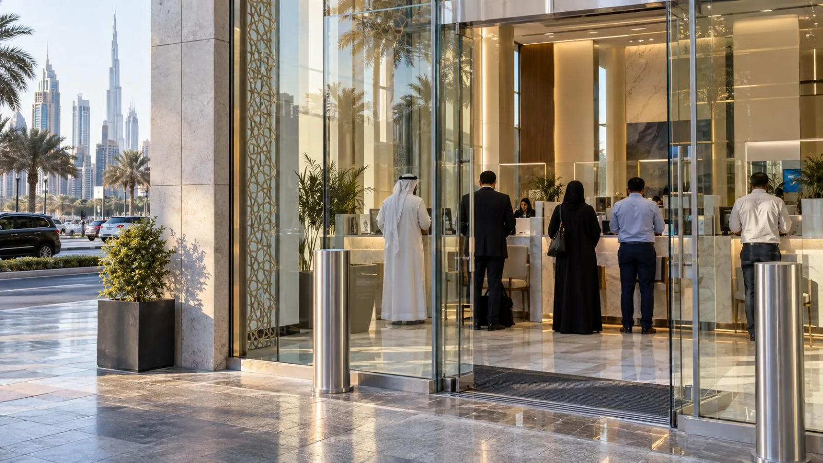 Customers visit a bank branch in Dubai, United Arab Emirates, during afternoon business hours. (AI-generated image / EconoTimes)