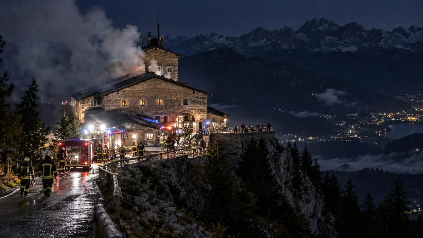 Smoke rises from the Kehlsteinhaus above Berchtesgaden during an overnight fire response (AI-generated image / EconoTimes)