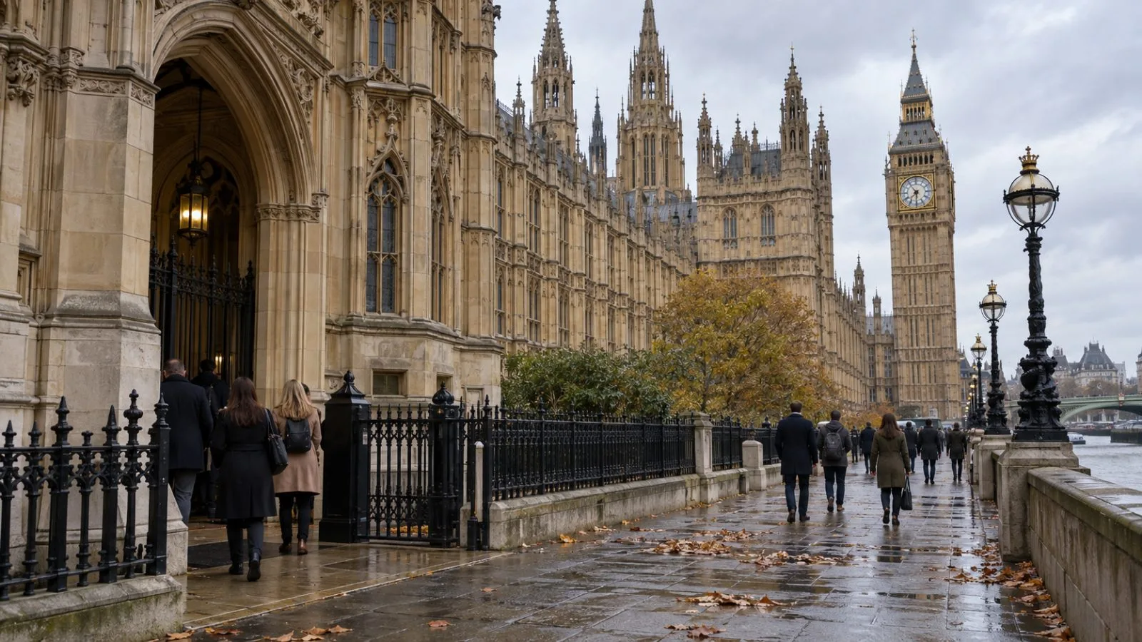 Visitors enter the Palace of Westminster in London under an overcast sky. (AI-generated image / EconoTimes)