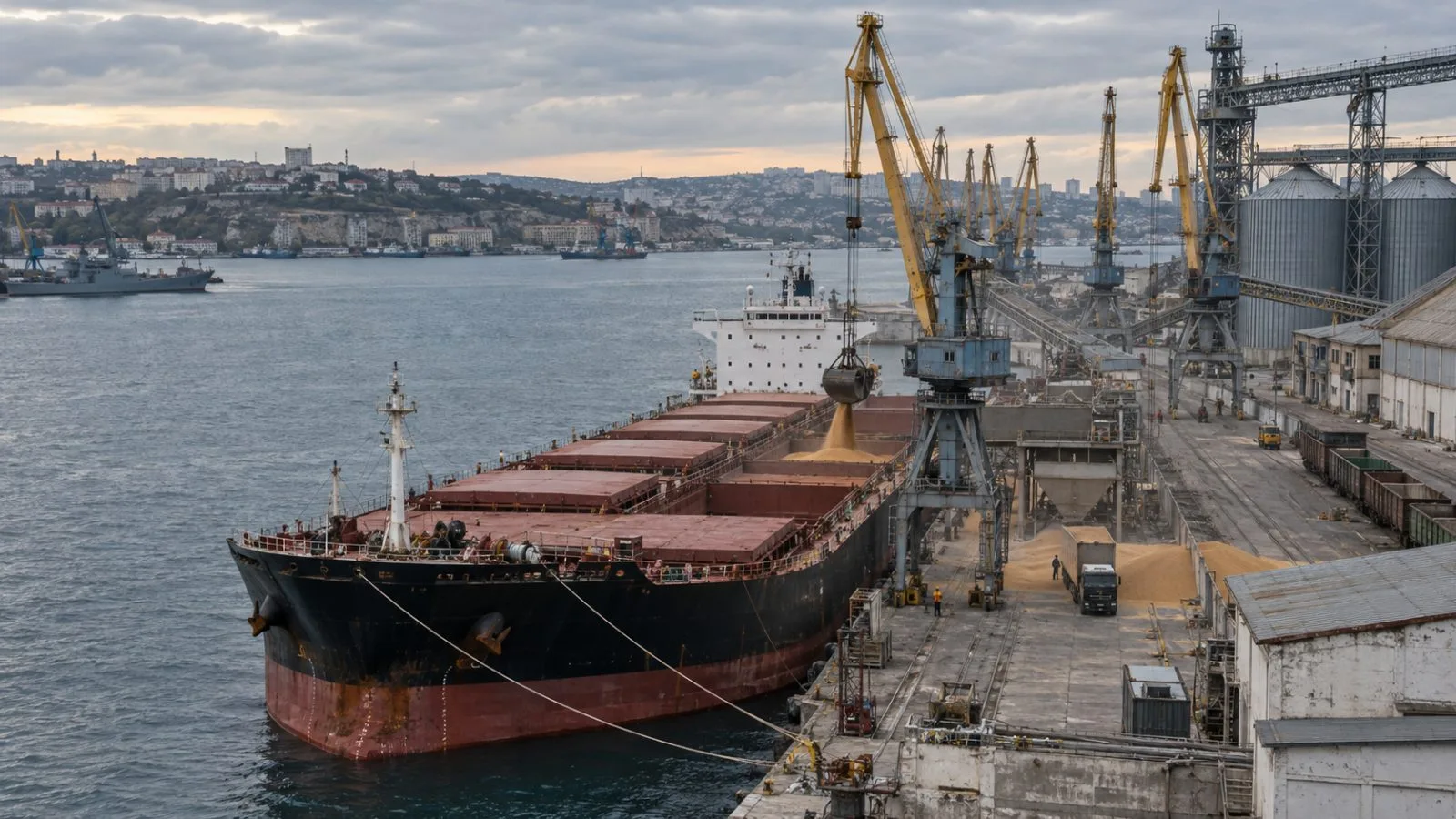 A bulk carrier sits beside grain-loading cranes at Sevastopol's port in Crimea. (AI-generated image / EconoTimes)