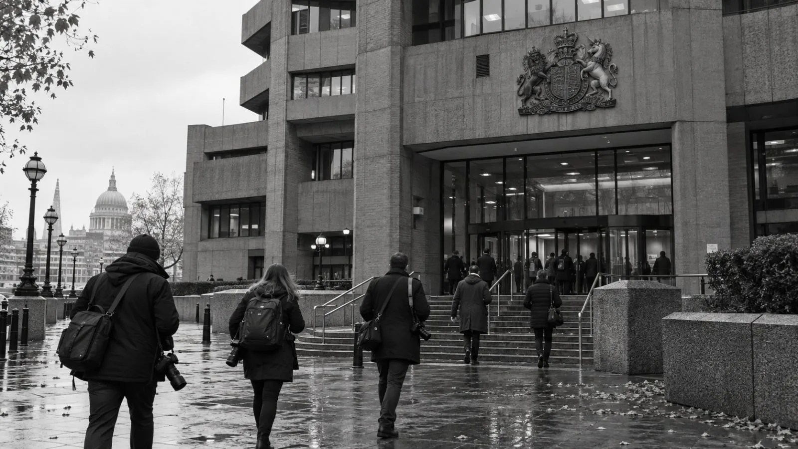 Journalists arrive at Southwark Crown Court in London during a harassment trial. (AI-generated image / EconoTimes)