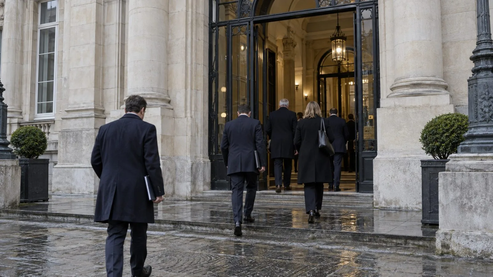 Delegates enter a government ministry building in Brussels under an overcast sky. (AI-generated image / EconoTimes)