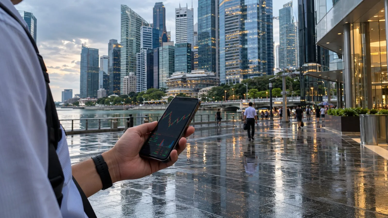 An anonymous trader checks a phone near Singapore’s Downtown Core financial offices (AI-generated image / EconoTimes)