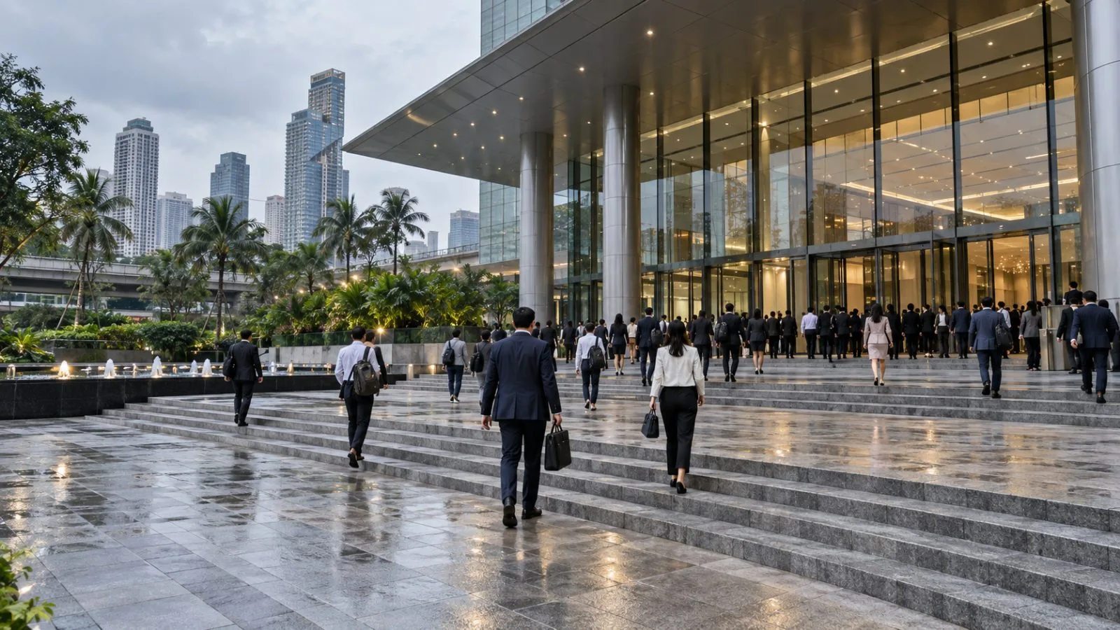 Delegates enter a conference venue in Bangkok, Thailand, under overcast skies. (AI-generated image / EconoTimes)
