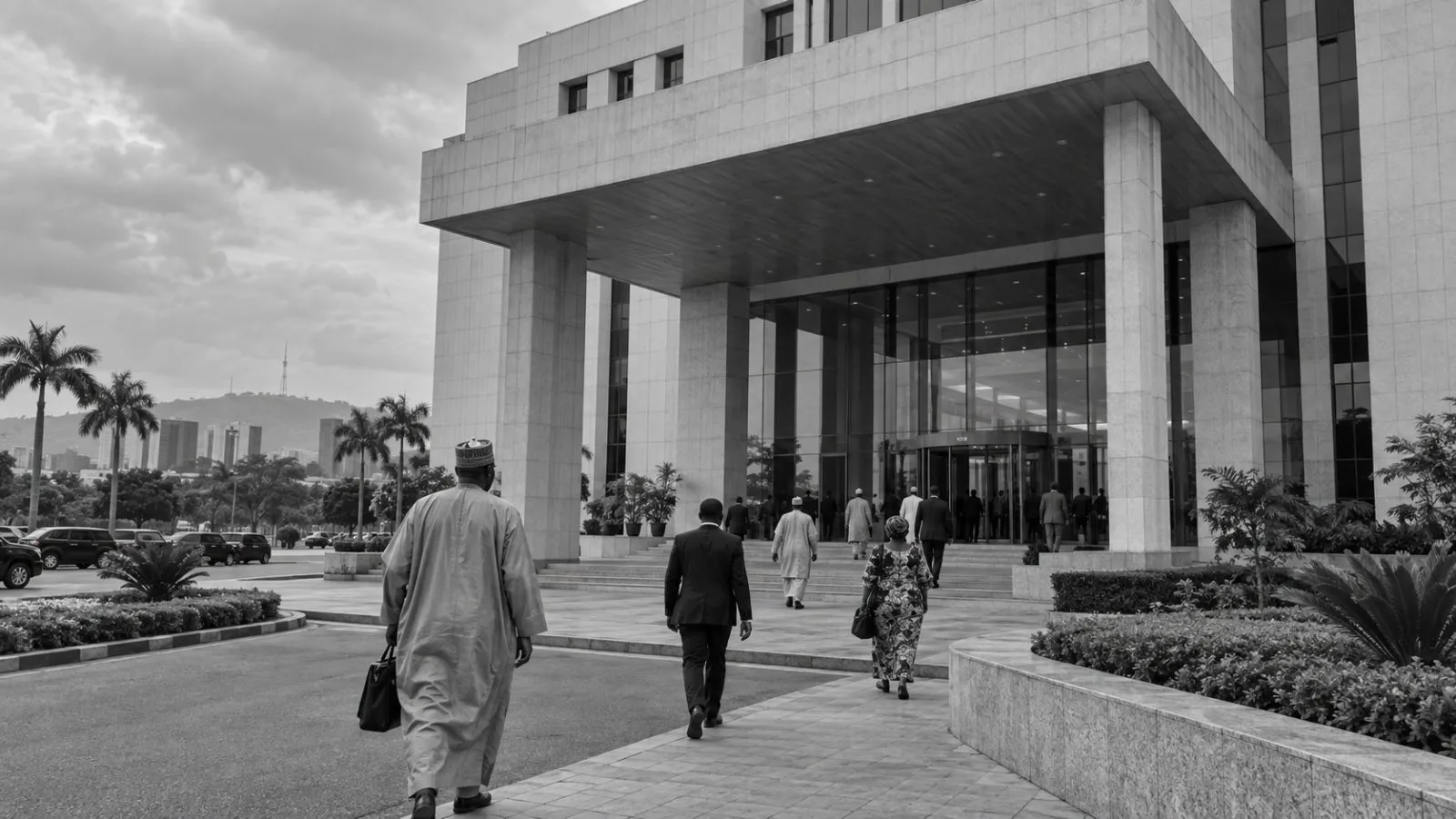 Visitors enter Nigeria’s Ministry of Foreign Affairs in Abuja under overcast skies. (AI-generated image / EconoTimes)