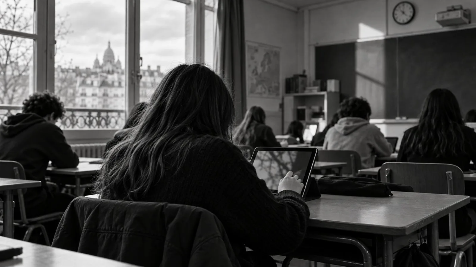 A pupil uses a tablet in a collège classroom in Paris, France. (AI-generated image / EconoTimes)