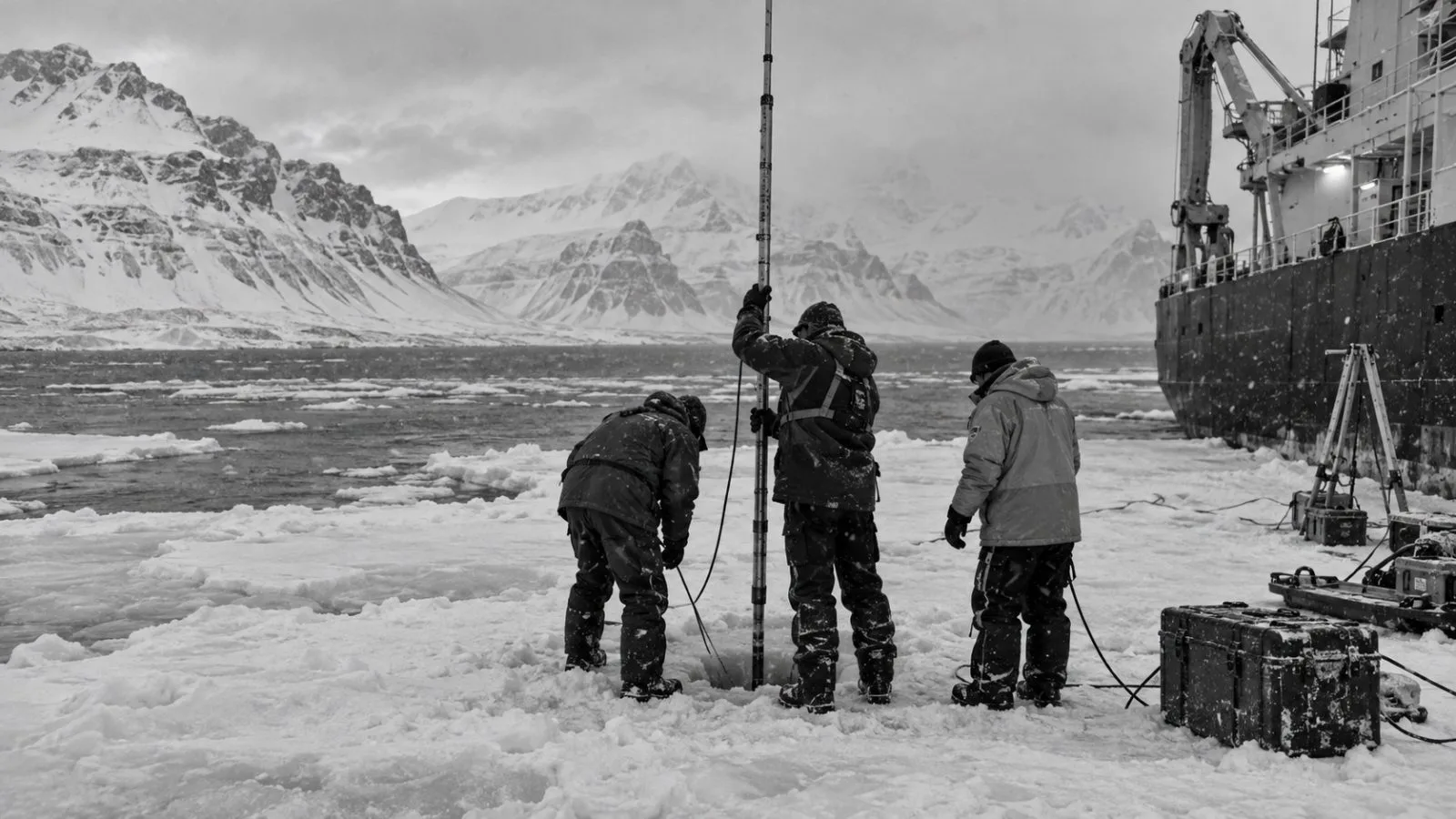 Researchers measure sea ice near Longyearbyen, Svalbard, beside a vessel in the Arctic. (AI-generated image / EconoTimes)
