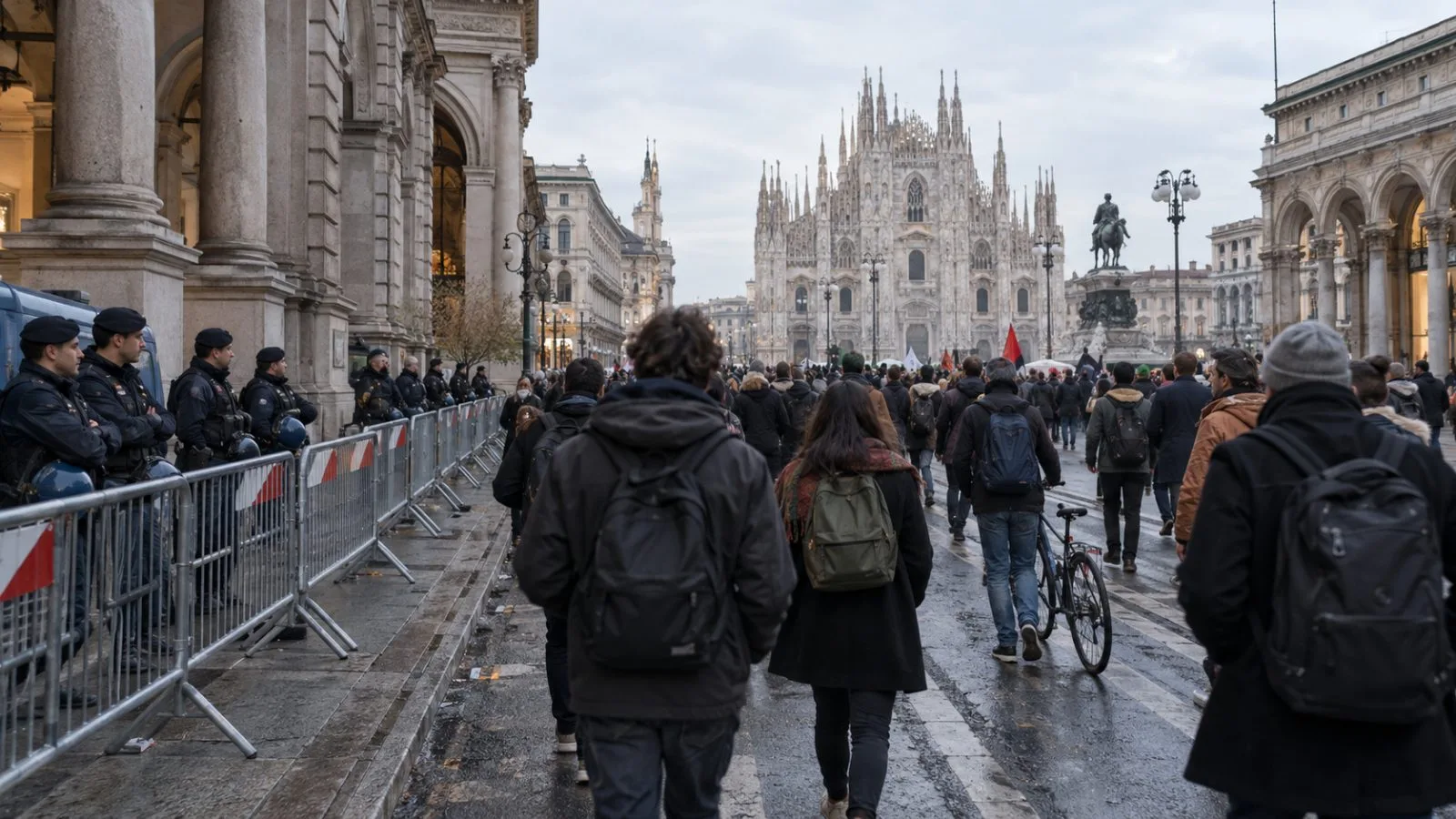 A damaged storefront and charred waste bin mark a shopping street near Piazza del Duomo in Milan. / EconoTimes.ai