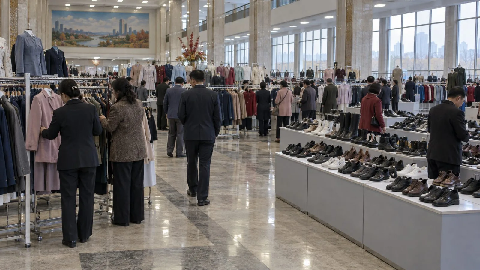 Visitors examine clothing displays at the National Garment and Footwear Exhibition in Pyongyang. (AI-generated image / EconoTimes)
