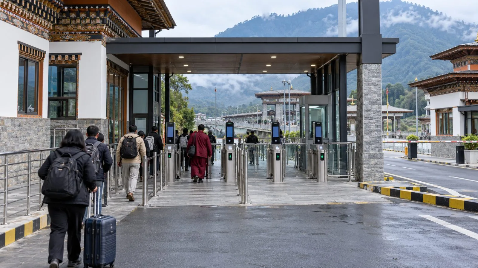 Pedestrians pass through the new immigration terminal at Bhutan’s Gelephu border crossing. (AI-generated image / EconoTimes)