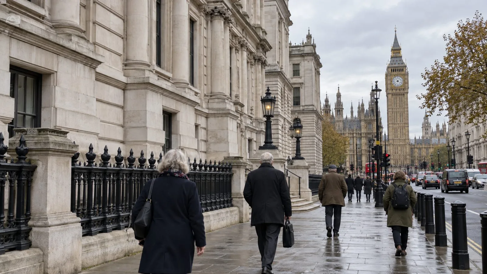 Older pedestrians walk past HM Treasury in Westminster, London, on an overcast morning. (AI-generated image / EconoTimes)