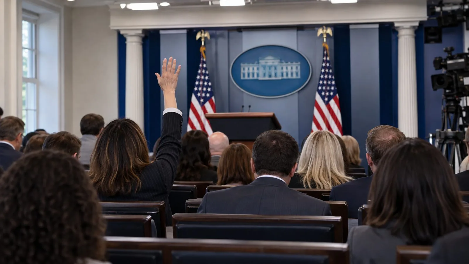 Reporters face a lectern during a briefing at the White House in Washington. (AI-generated image / EconoTimes)