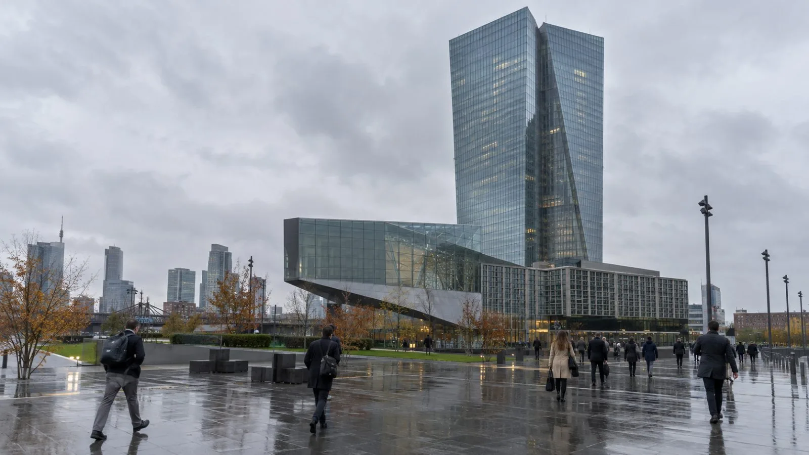 Commuters cross the plaza outside the European Central Bank headquarters in Frankfurt, Germany (AI-generated image / EconoTimes)