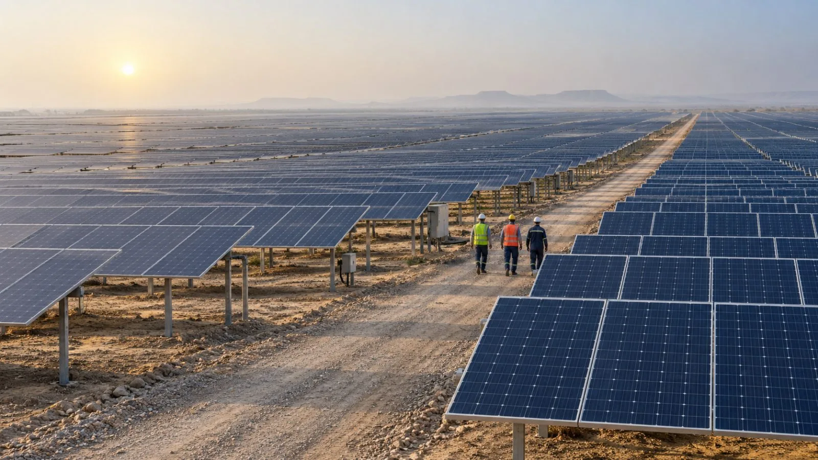 Solar panels stretch across the Khavda renewable energy site in Gujarat, India. (AI-generated image / EconoTimes)