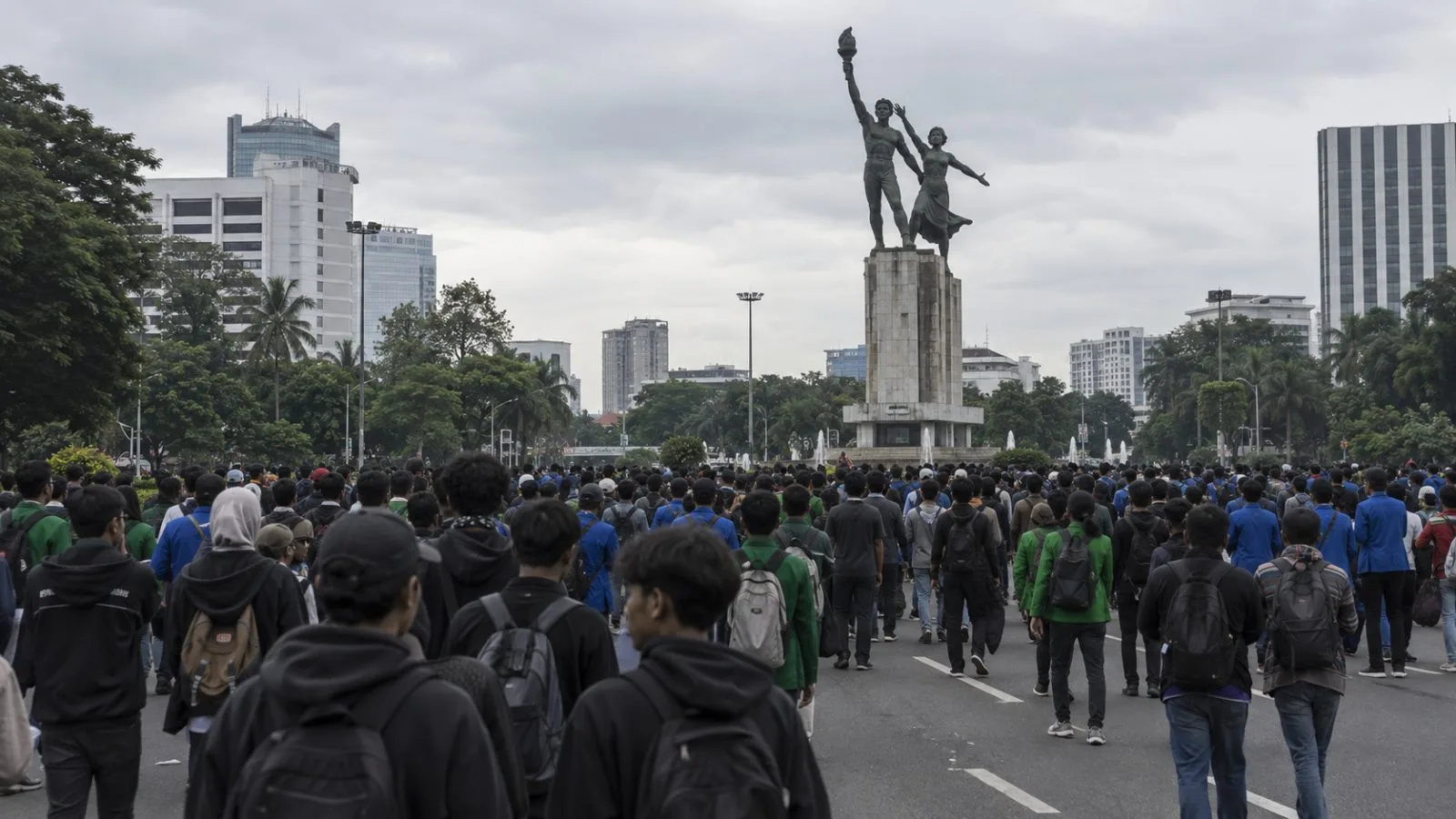 Demonstrators gather near the Tugu Tani monument in Jakarta, Indonesia. (AI-generated image / EconoTimes)
