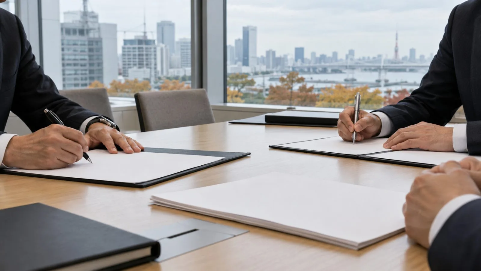 Officials sign a floating offshore wind memorandum in a government meeting room in Tokyo, Japan. (AI-generated image / EconoTimes)