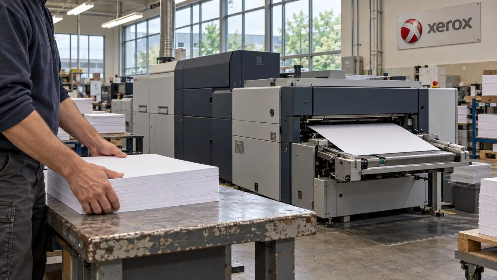A production printer feeds sheets at a commercial print shop in Norwalk, Connecticut. / EconoTimes.ai