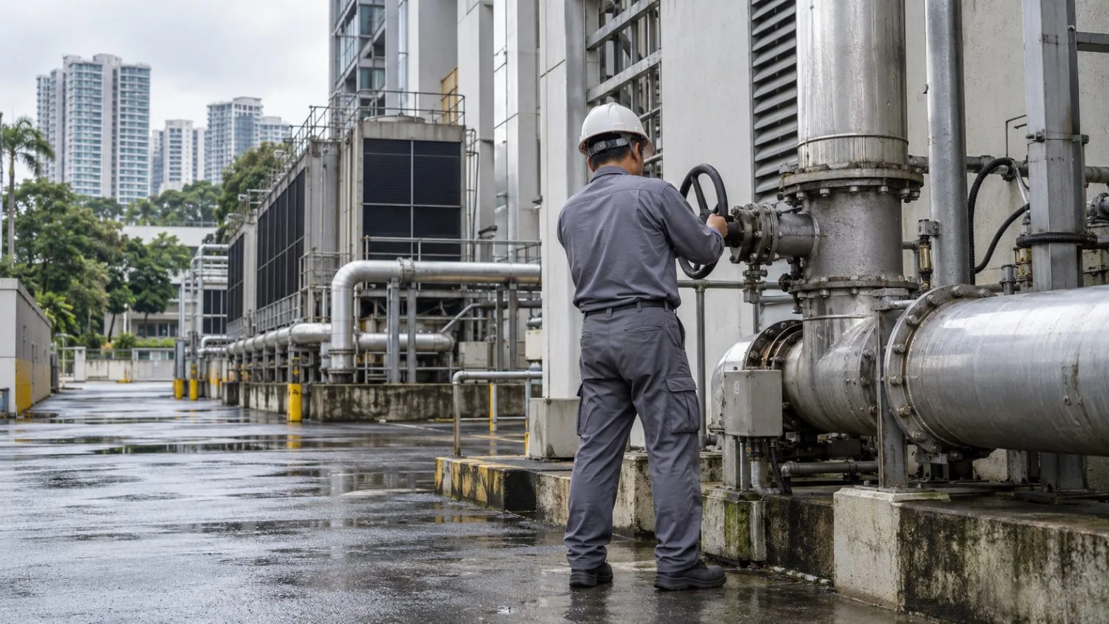 A maintenance worker checks a cooling-system valve at a telecommunications exchange in Singapore. (AI-generated image / EconoTimes)