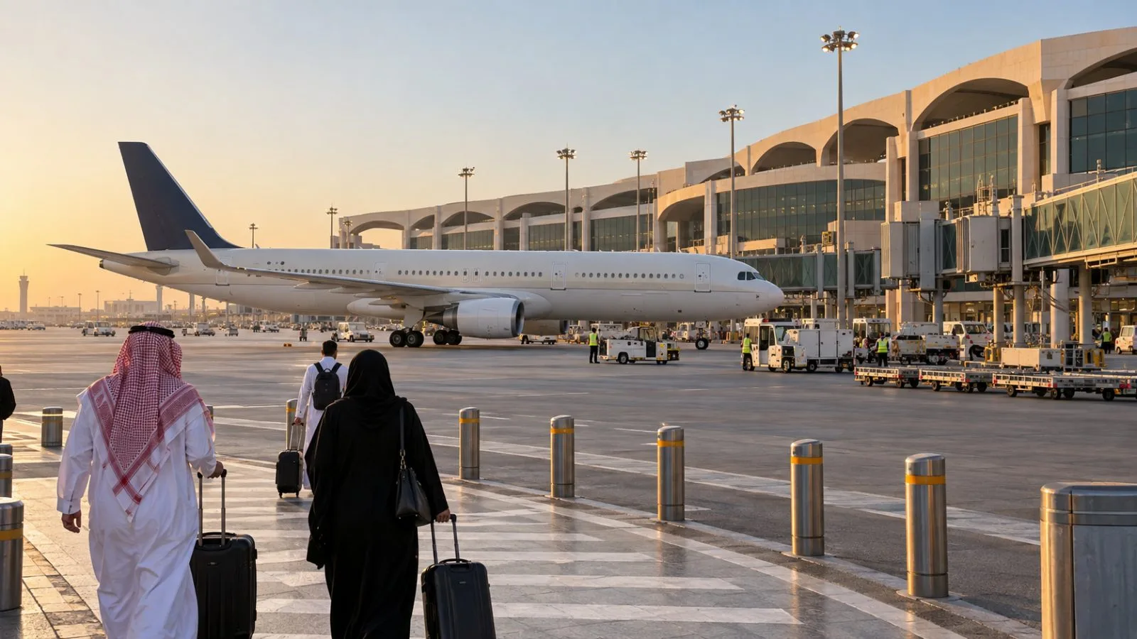 A passenger aircraft taxis past the terminal at King Fahd International Airport in Dammam (AI-generated image / EconoTimes)