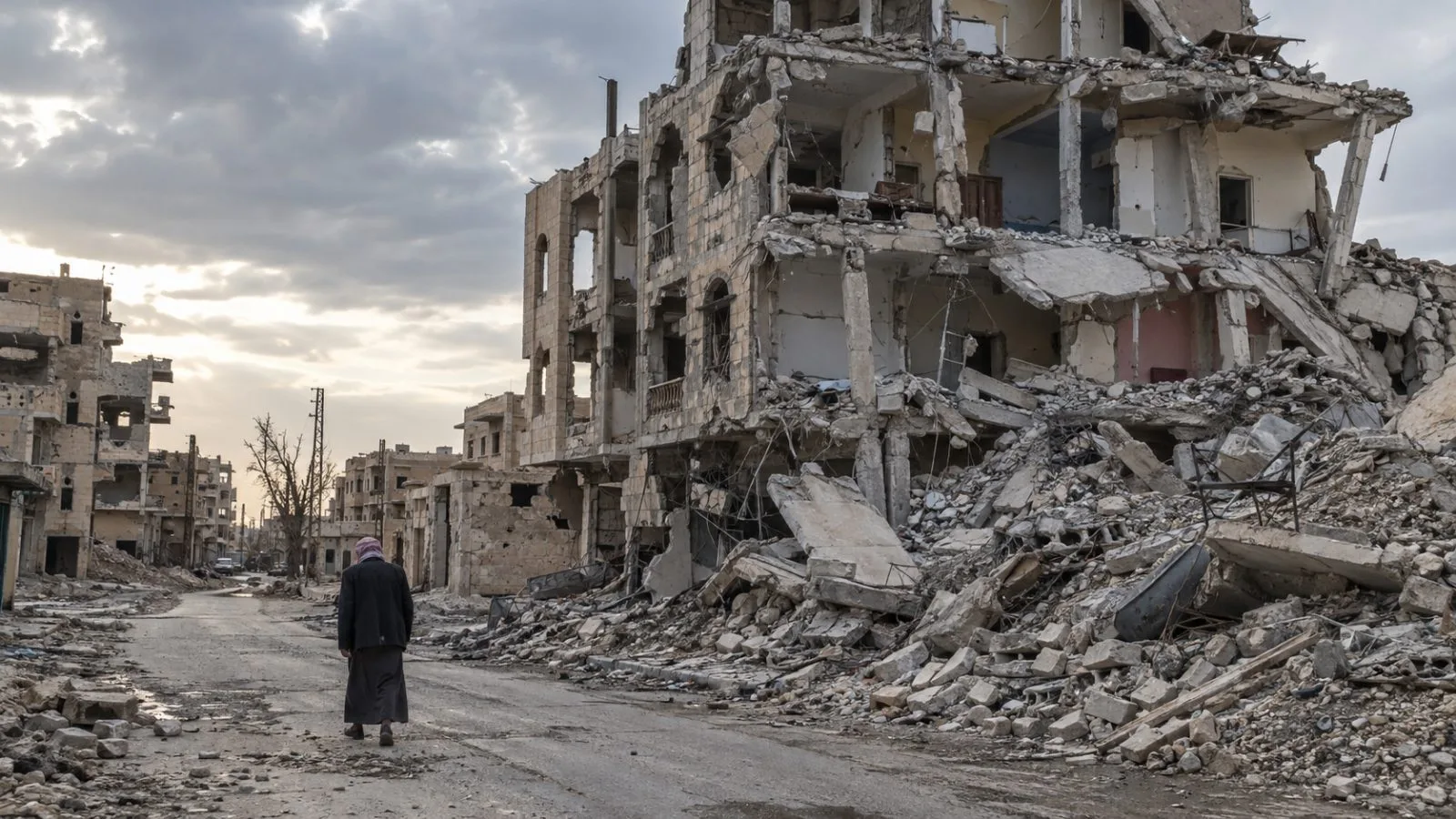 A resident walks past a collapsed building on a residential street in Raqqa, Syria. (AI-generated image / EconoTimes)