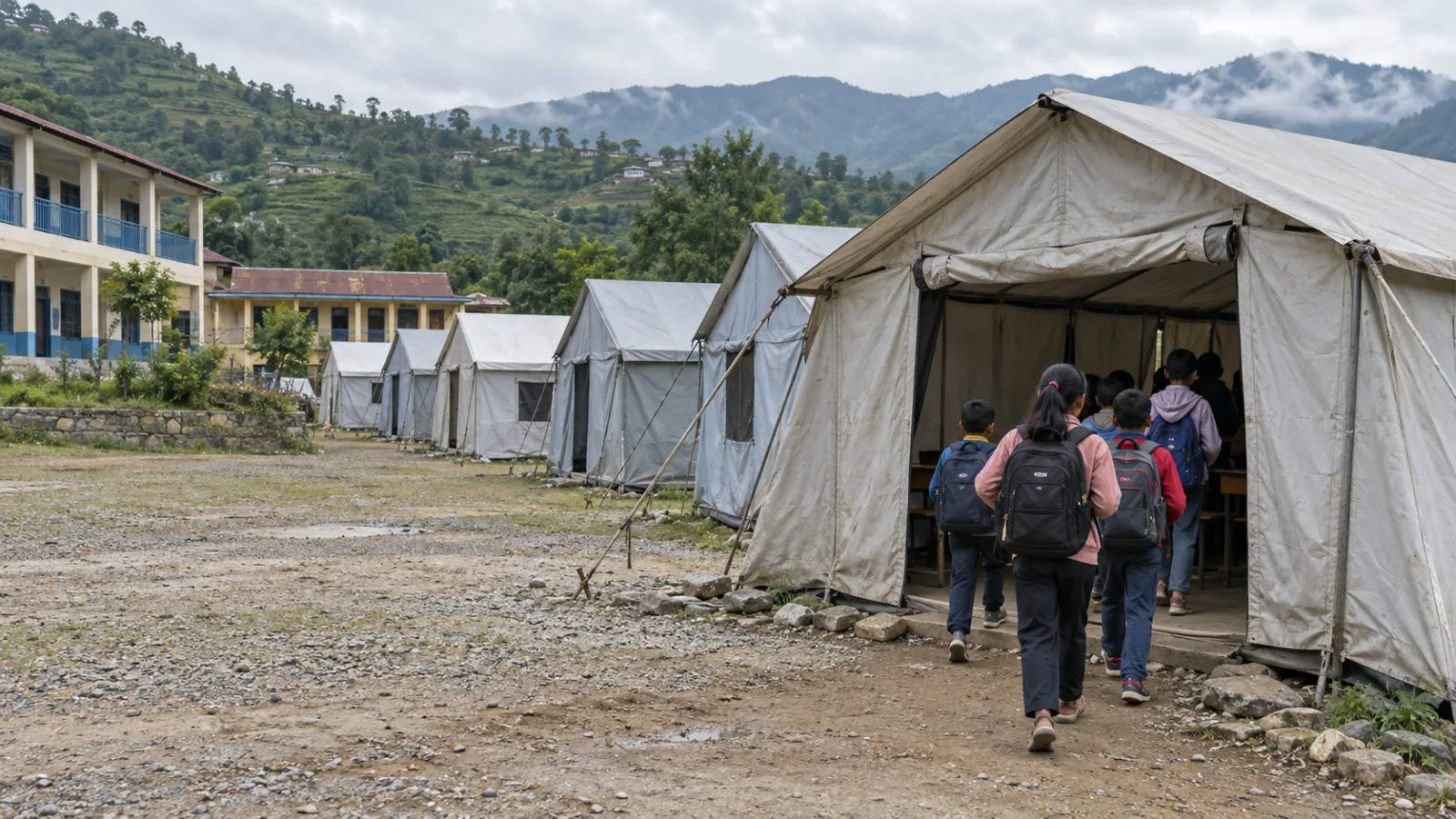Pupils enter a temporary tent classroom at Tribhuvan Trishuli Secondary School in Nepal’s Nuwakot district (AI-generated image / EconoTimes)