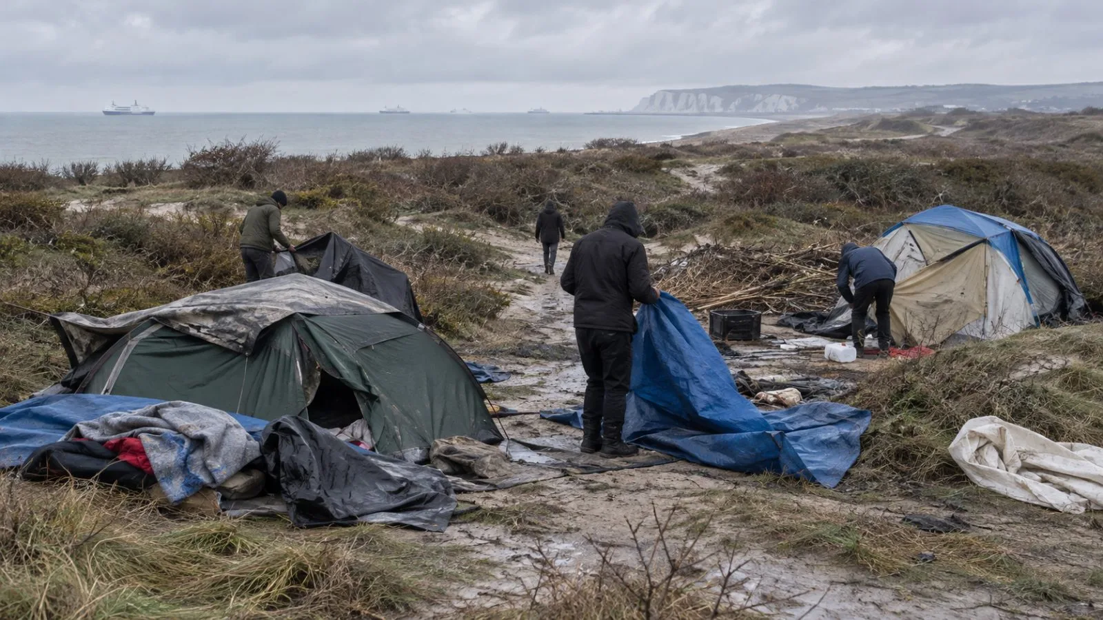 Makeshift tents and bedding lie on scrubland near Calais on France’s northern coast. (AI-generated image / EconoTimes)