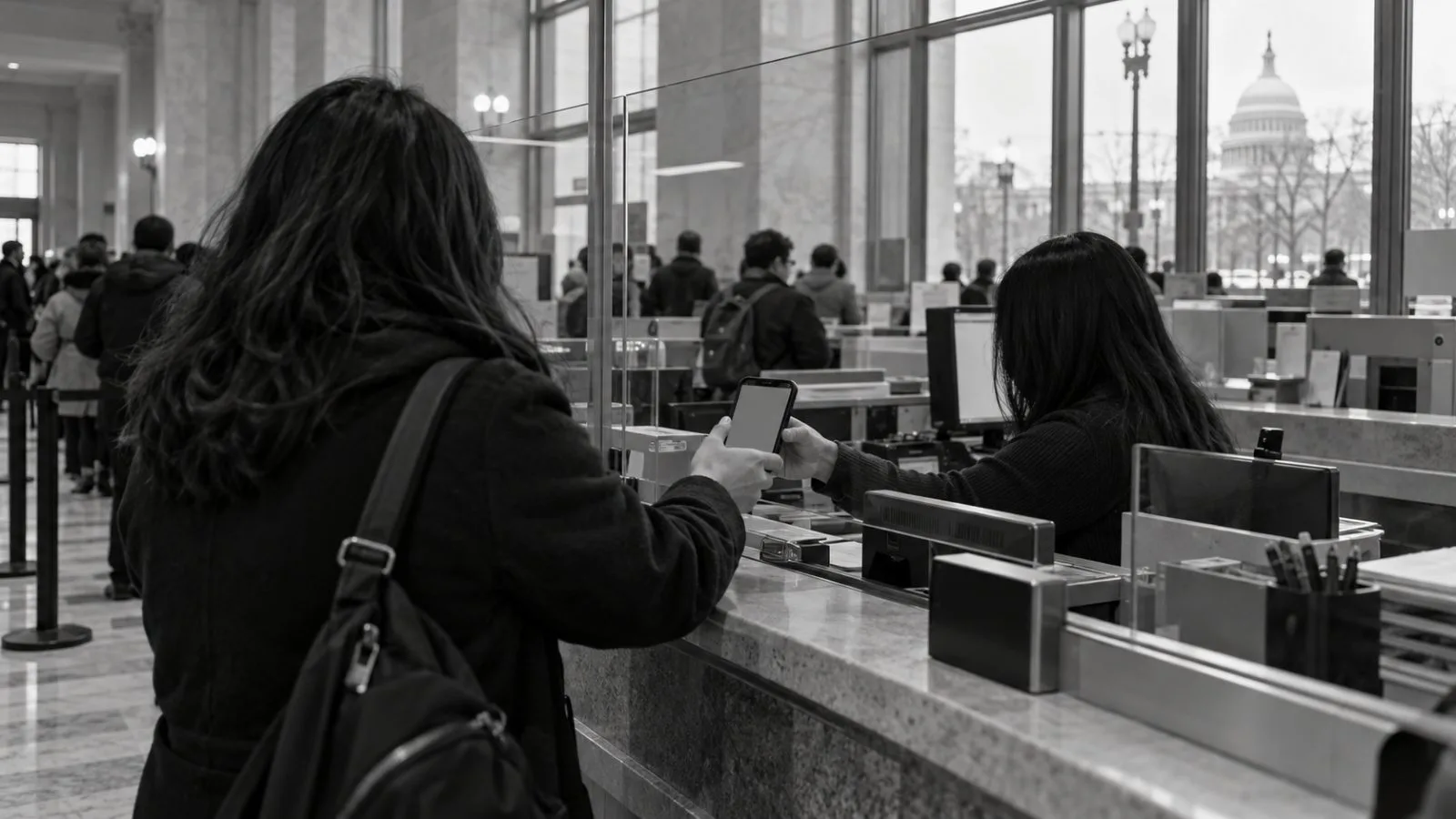 An applicant holds up a phone at an identity verification counter in Washington, D.C. (AI-generated image / EconoTimes)