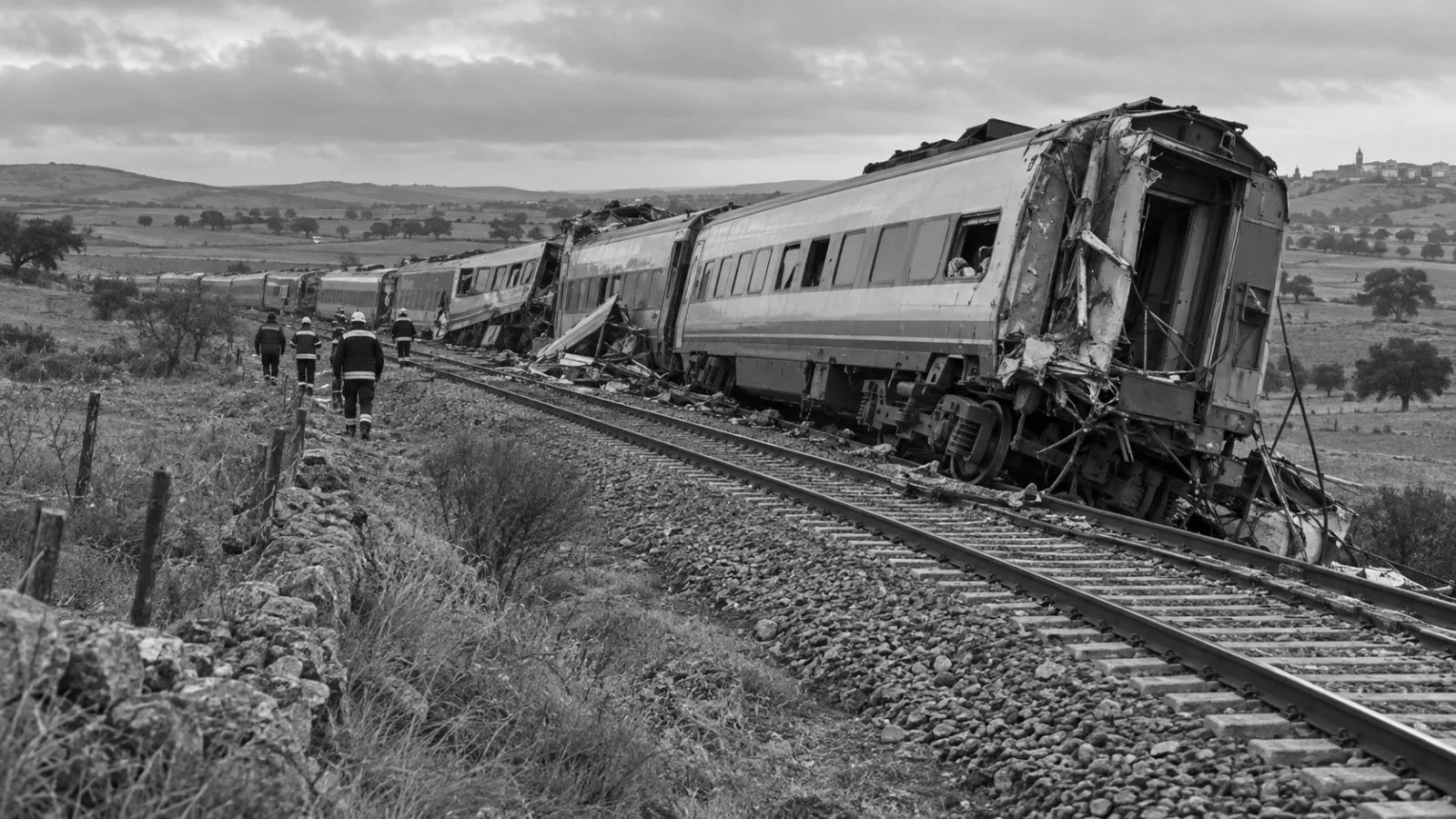 Emergency workers inspect damaged passenger train carriages near Urda in Spain’s Toledo province. (AI-generated image / EconoTimes)