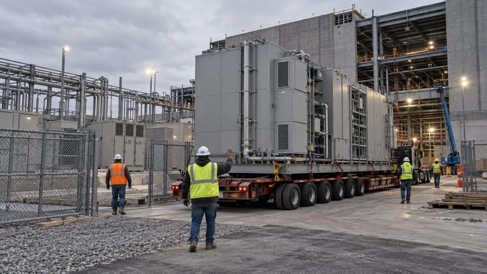Workers position a fuel-cell power module beside a data-center construction site in Dallas, Texas (AI-generated image / EconoTimes)