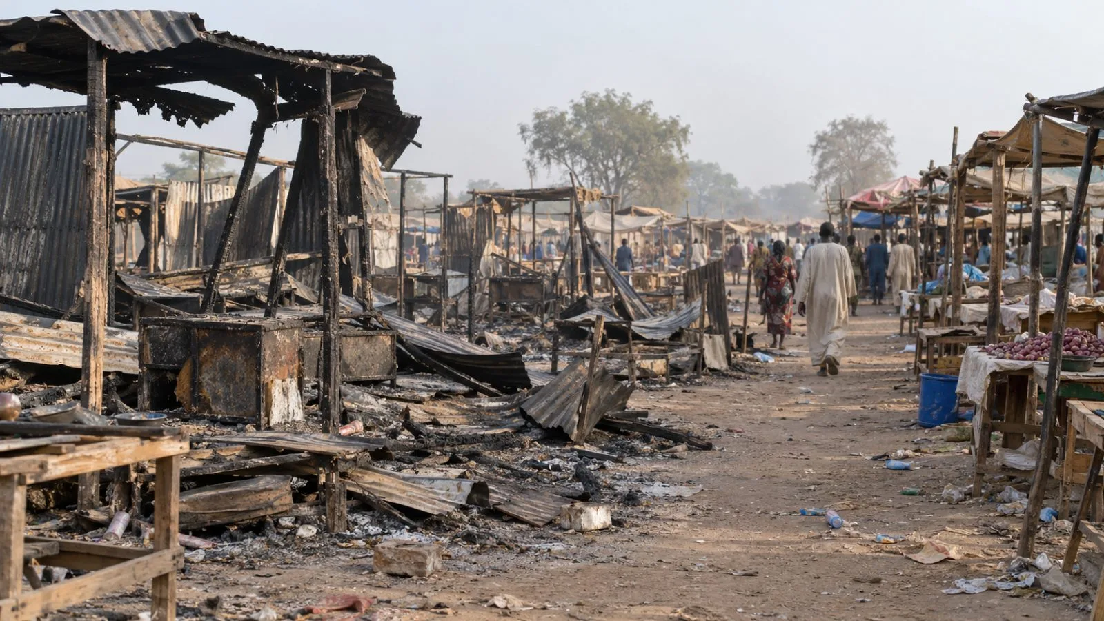Fire-scorched stalls stand at Amiet Market in the disputed Abyei region. (AI-generated image / EconoTimes)